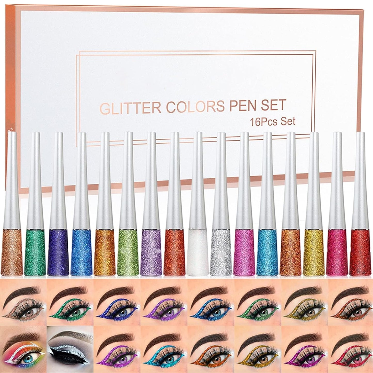 16PCS Liquid Glitter Eyeliner Set - High Pigmented Waterproof Metallic Eye Liner Kit | 16 Vibrant Colors