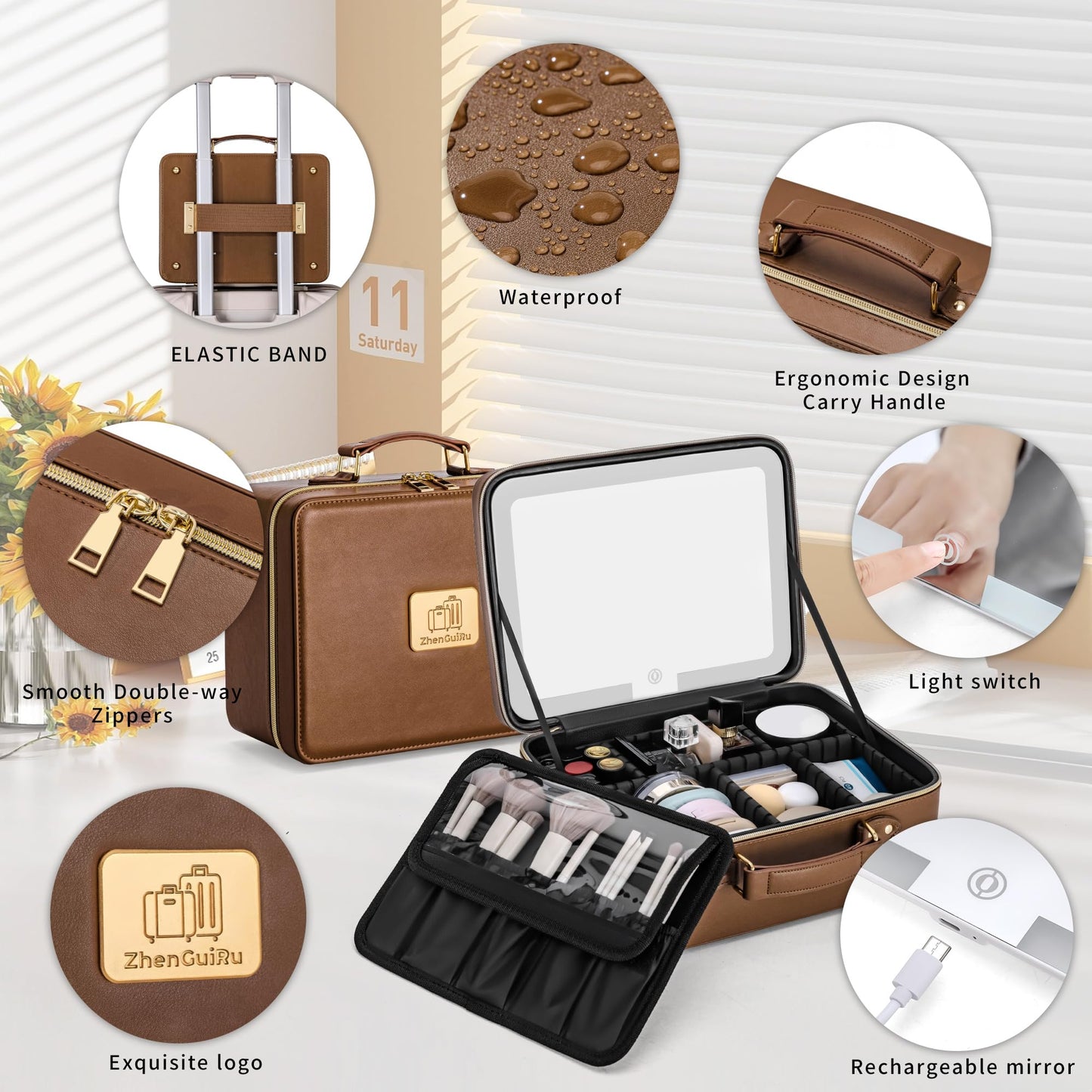 Gdsshuhung Upgraded Makeup Bag with LED Mirror, Travel Makeup Bag with Compartments, Waterproof Cosmetic Travel Bag, Portable Makeup Case Organizer with Lighted Mirror & Brush Storage (Brown)