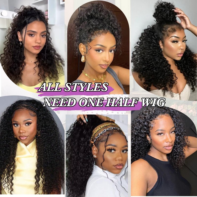 DEYNGS Synthetic Half Wig, Kinky Curly 3 In 1 Wigs For Black Women, Seamless Flip Over Half Wigs Glueless Wear and Go Beginner Friendly Drawstring Headband Wig for Women