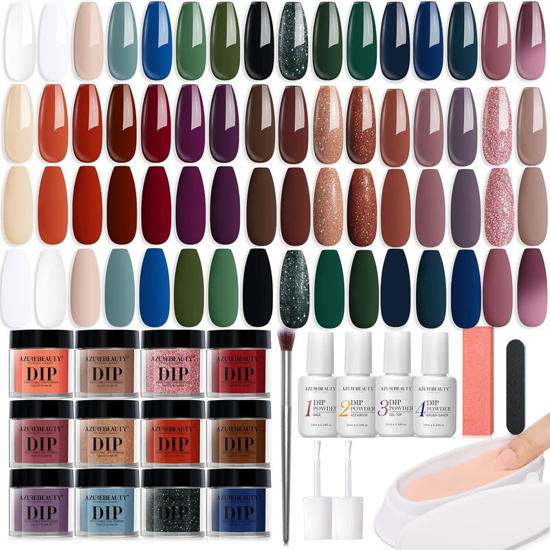 Azurebeauty 42-Piece Dip Powder Nail Kit - 32 Color Set for French Art Manicure | Includes Top/Base Coat & Recycling Tray
