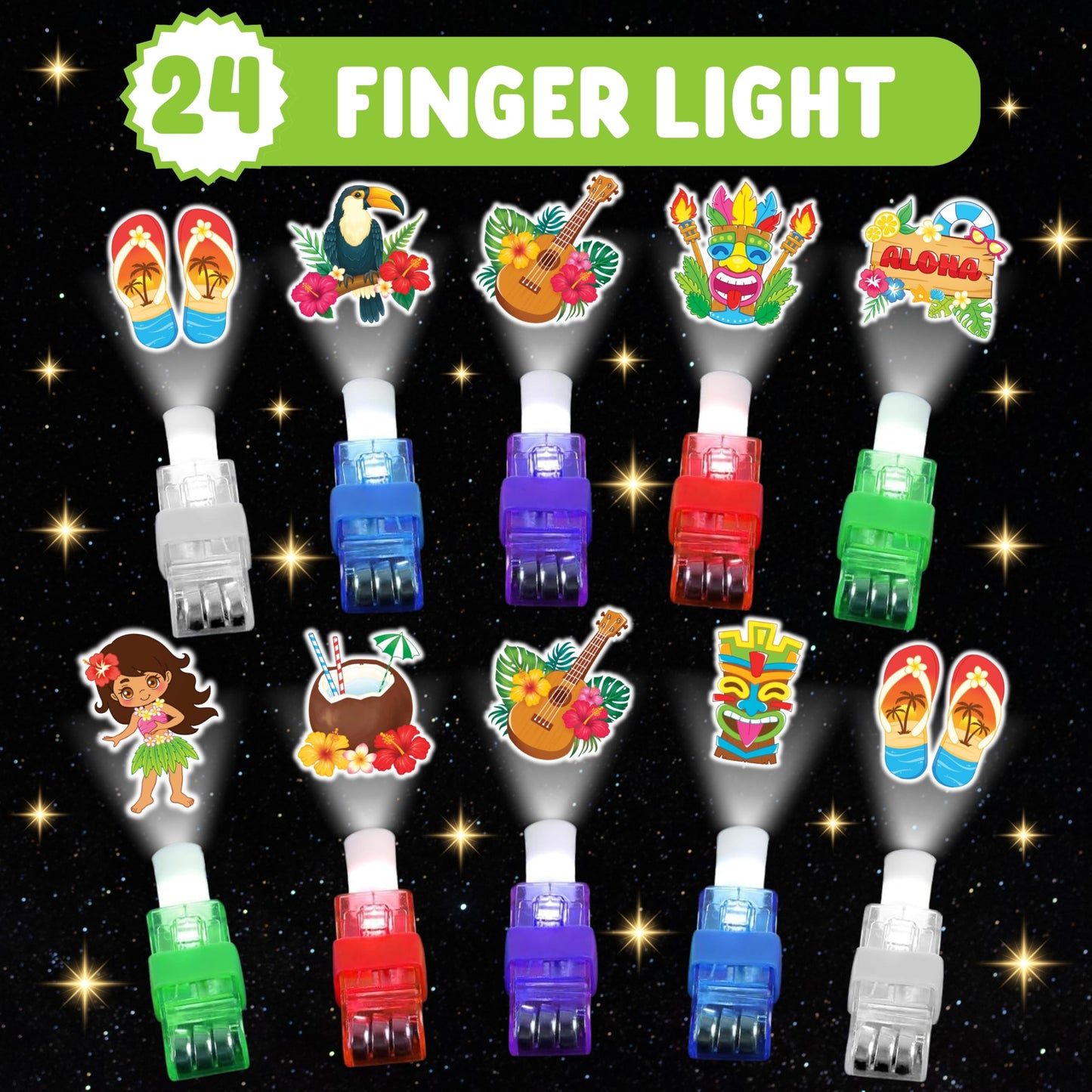 72 PCS Glow In The Dark Hawaiian Party Favors – 48 PCS Luminous Tattoos & 24 PCS LED Finger Lights Combo – Birthday Goodie Bag Fillers, Party Supplies, Gifts Light Up Toys for Boys and Girls