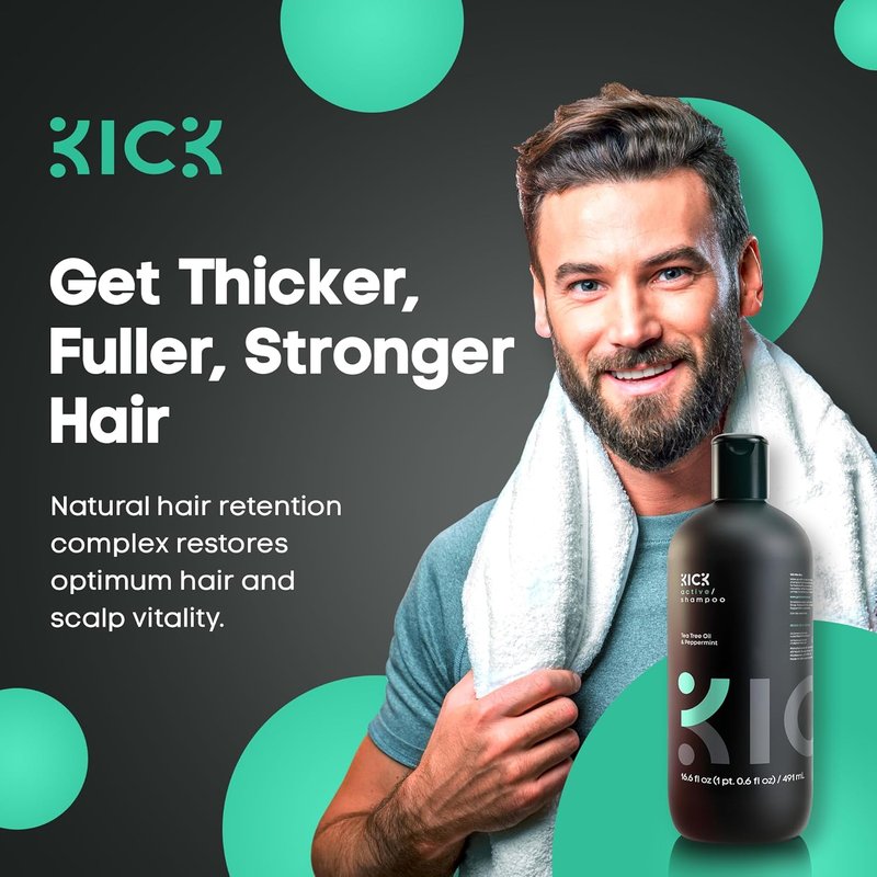 Kick Men's Shampoo - Peppermint & Tea Tree Oil Control | Sulfate-Free, Anti-Dandruff Formula - 16.6oz