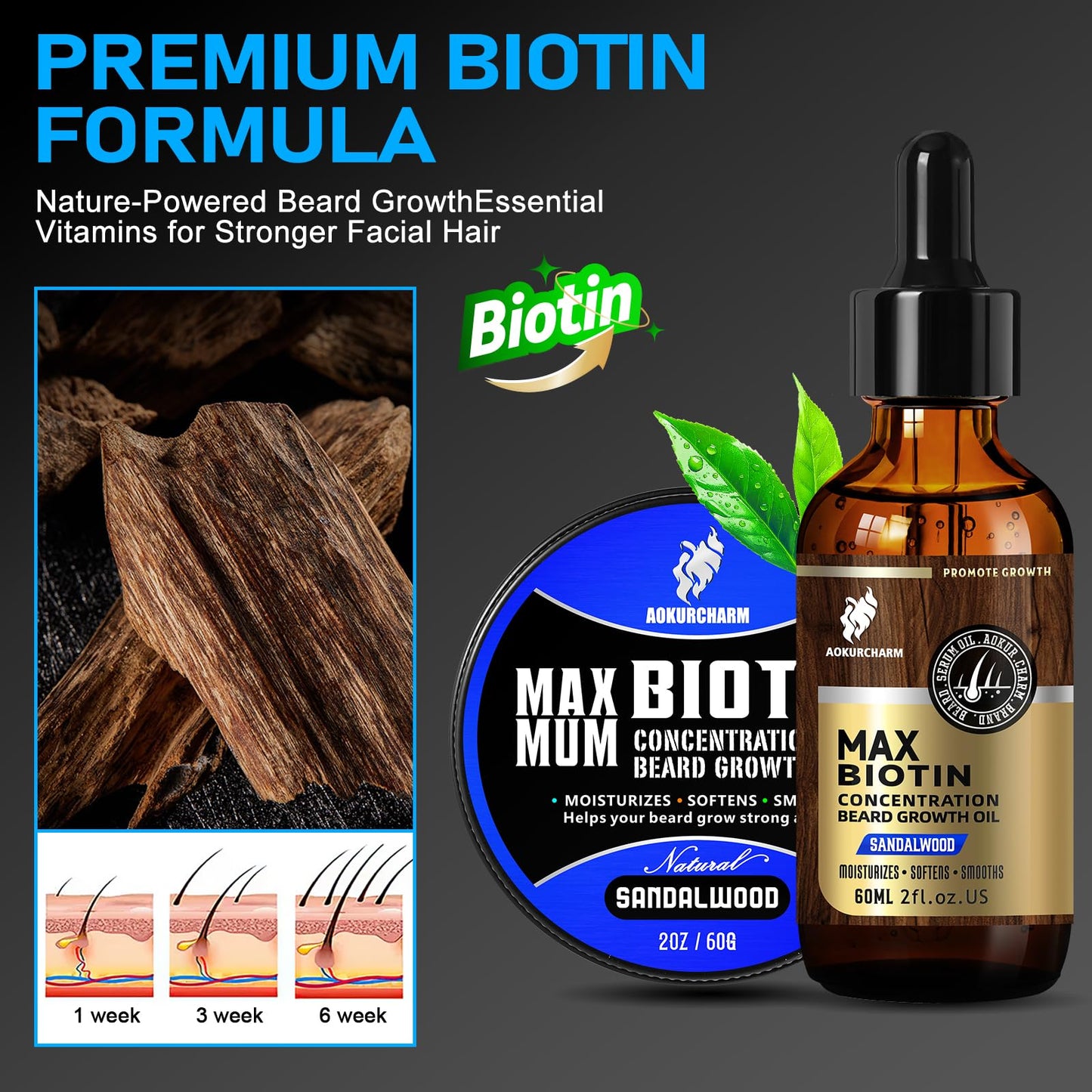 aokur 2 Pack Biotin Beard Growth Kit for Men – Sandalwood Beard Oil & Balm – Beard Care Set for Growth, Softening & Styling – Gift for Father’s Day & Christmas