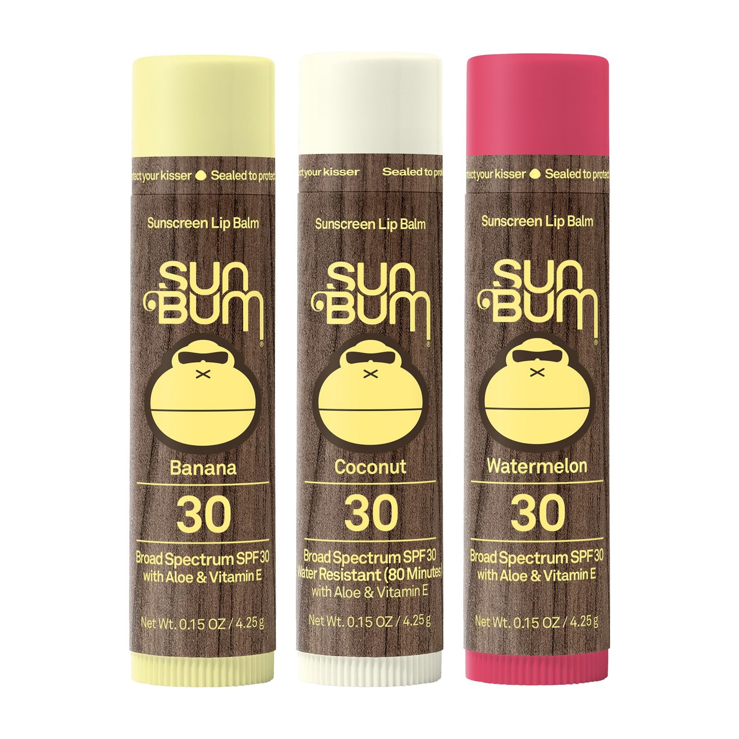 Sun Bum SPF 30 Sunscreen Lip Balm 3 Flavor Variety Pack - Coconut, Banana, Watermelon - Moisturizing Aloe Vera and Vitamin E - Vegan - UVA/UVB Lip Protection - 0.15 oz, 3 count