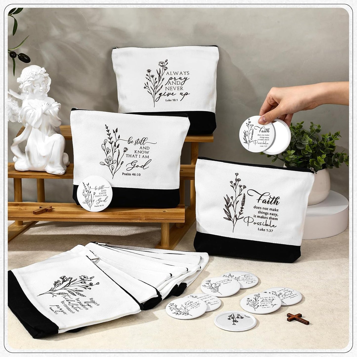 Christian Gifts for Women - 20 Inspirational Canvas Makeup Bags & Mini Bible Verse Mirrors | Bulk Set for Church, Mom, Pastor, Sunday School