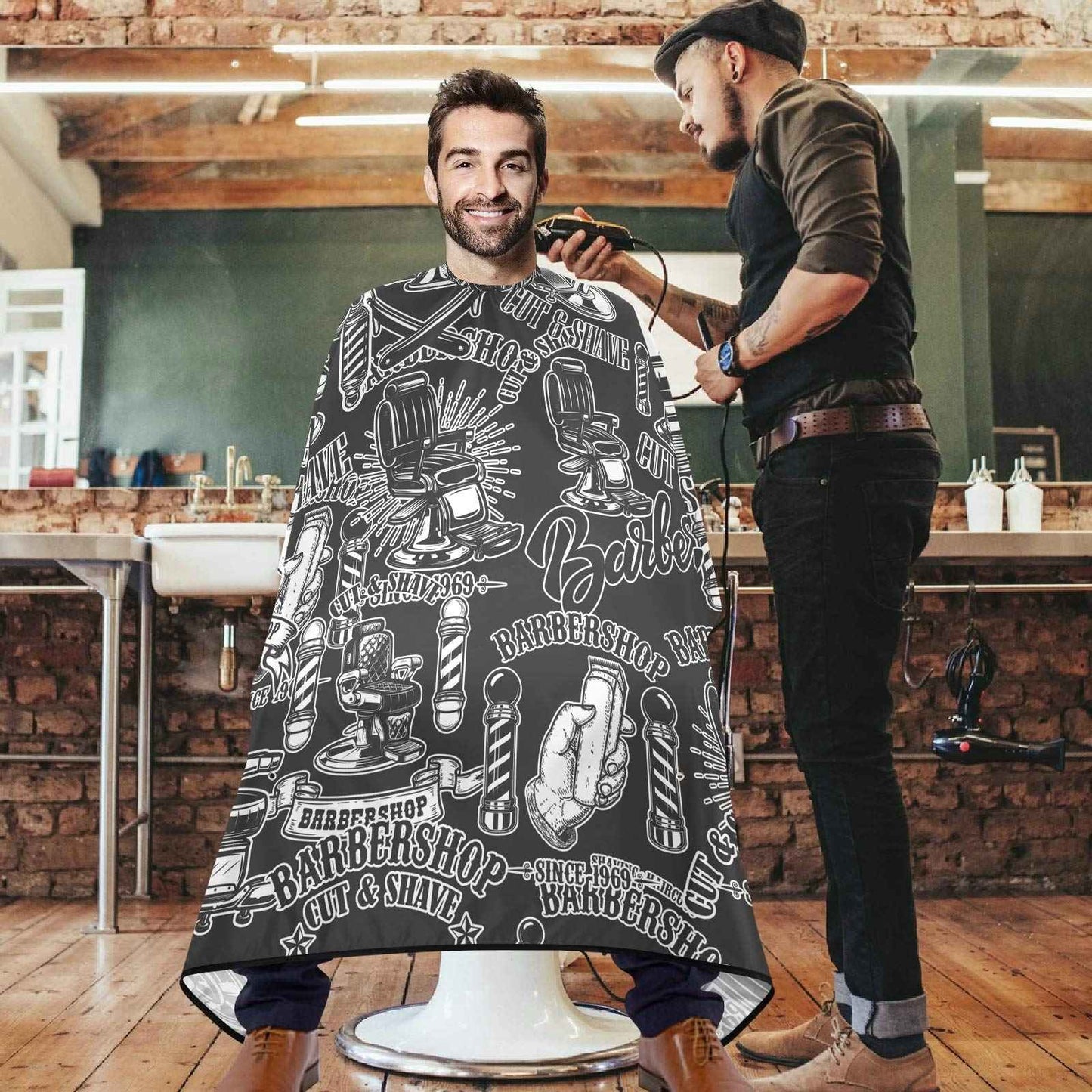 visesunny Barbershop Design Monochrome Style Barber Cape Anti-Static Hair Cutting Cape with Snap Closure Professional Salon Polyester Beard Shaving Bib Water-Resistant Hairdressing Cape Adjustable