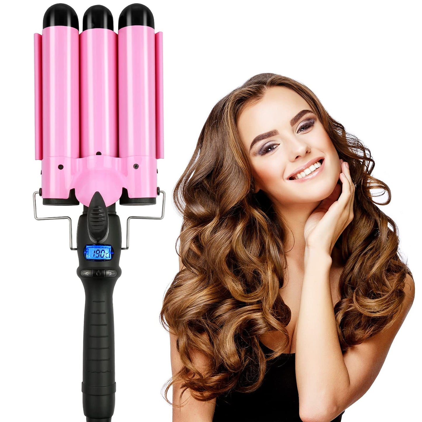 SOMOYA 3 Barrel Curling Iron, 1 Inch Hair Waver with LCD Display, Temperature Adjustable Ceramic Beach Hair Waver Wand for Women (1.26Inch, Pink)