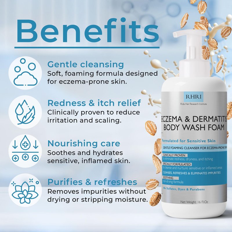 Eczema Body Wash Sensitive Skin | Eczema Treatment | Foaming Cleanser For Eczema Prone Skin | Soothes Dryness & Itching, Gentle On Dermatitis, Sulfate-Free With Free Scrubber Brush