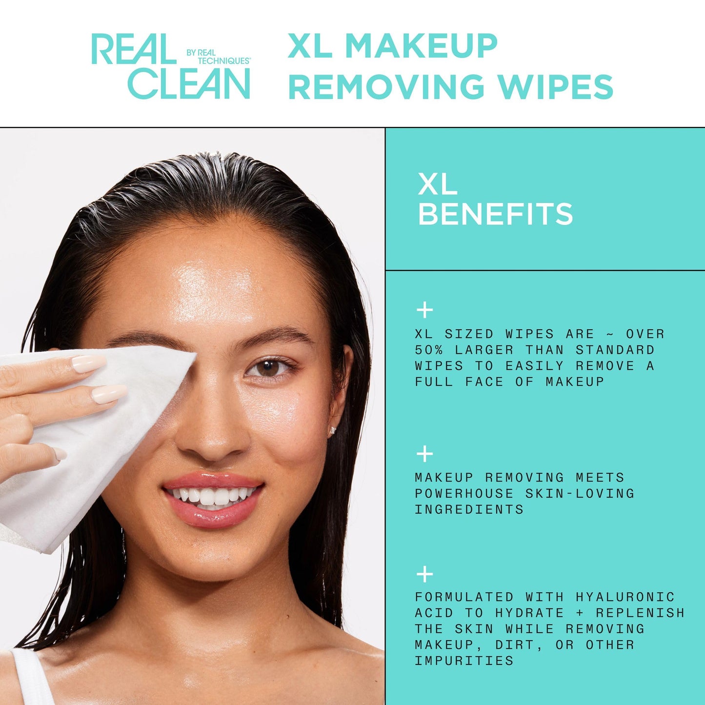 Real Techniques Real Clean XL Hydrating Facial Wipes, Infused With Hyaluronic Acid, Dual-Usage Cleansing Wipes Repair Skin & Gently Remove Makeup, Fragrance Free, 25 Count