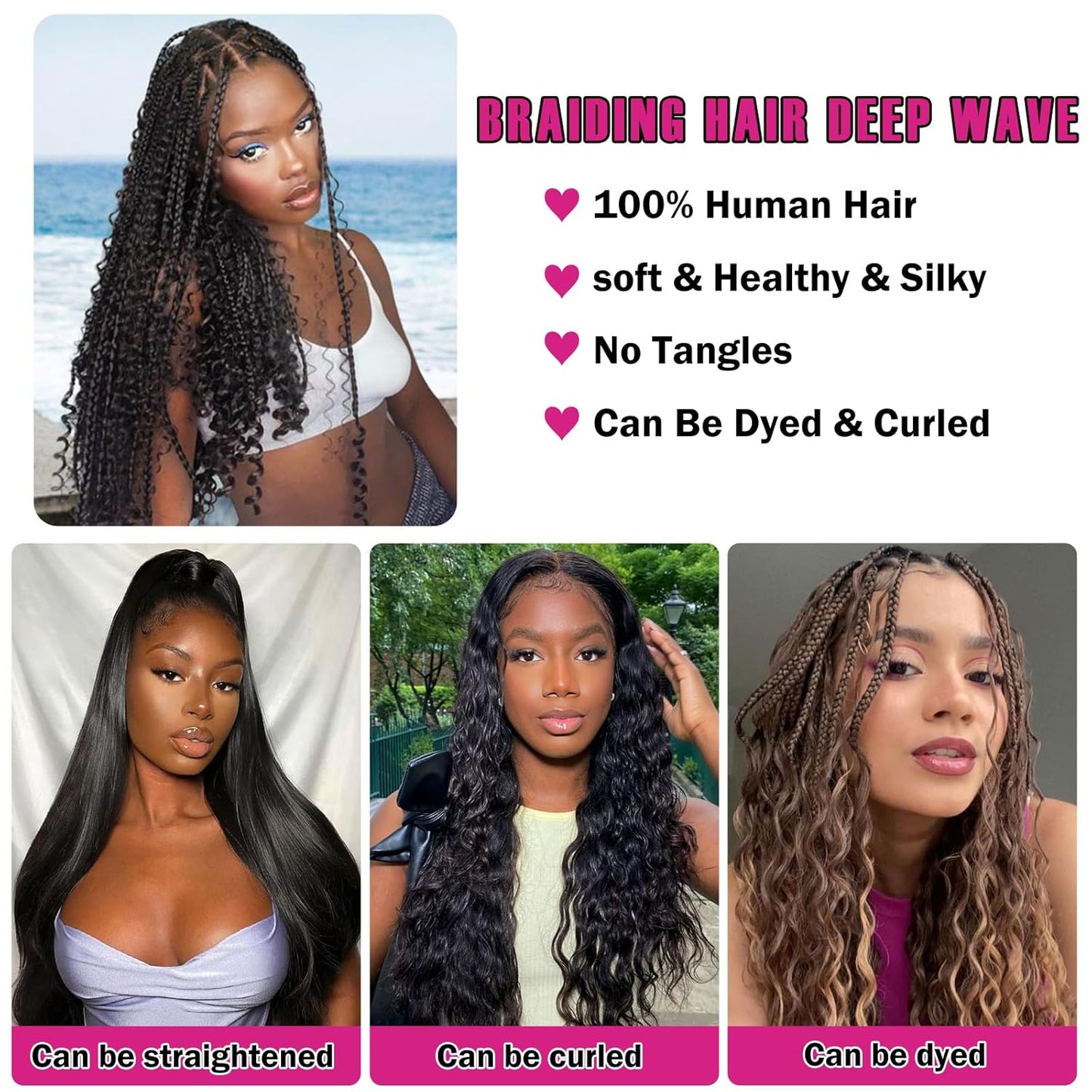 Human Braiding Hair - 20 Inch Curly Boho Braids | 110g Deep Wave Bulk Hair, Natural Black - 3 Bundles