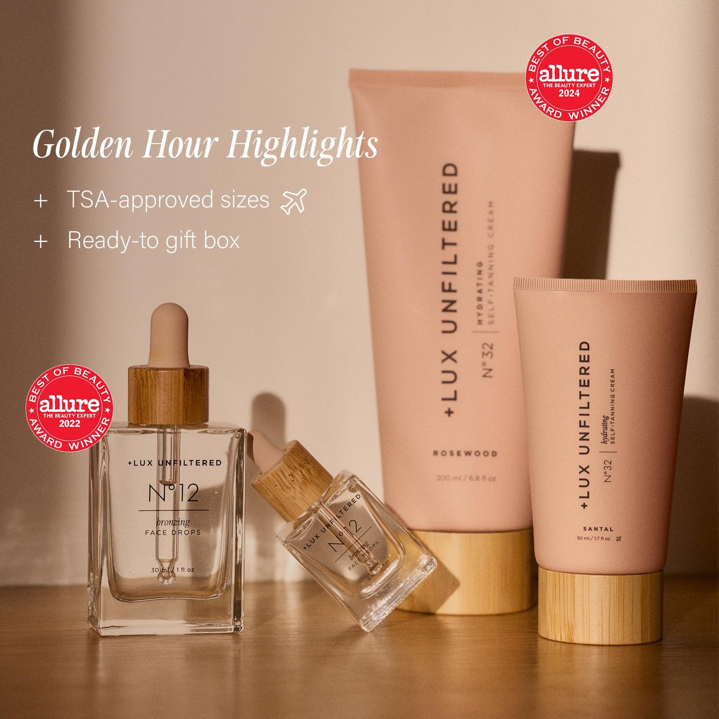 + Lux Unfiltered Mini Golden Hour Set - Includes Best Sellers N°32 Gradual Self Tanner Santal 1.7 fl oz & N°12 Face Tanning Drops 0.27 fl oz - Trial Size Self Tanner - Vegan & Cruelty Free