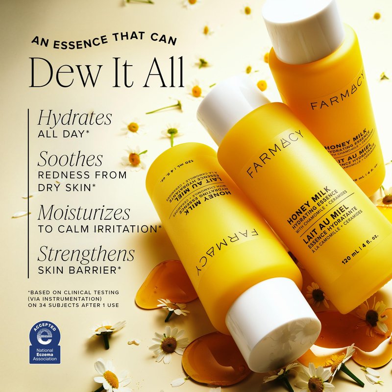 Farmacy Honey Milk Face Essence - Hydrating Milky Toner with Honey, Ceramides + Chamomile - Helps Strengthen Skin Barrier + Replenish Moisture - Soothing + Calming Skincare (120ml)