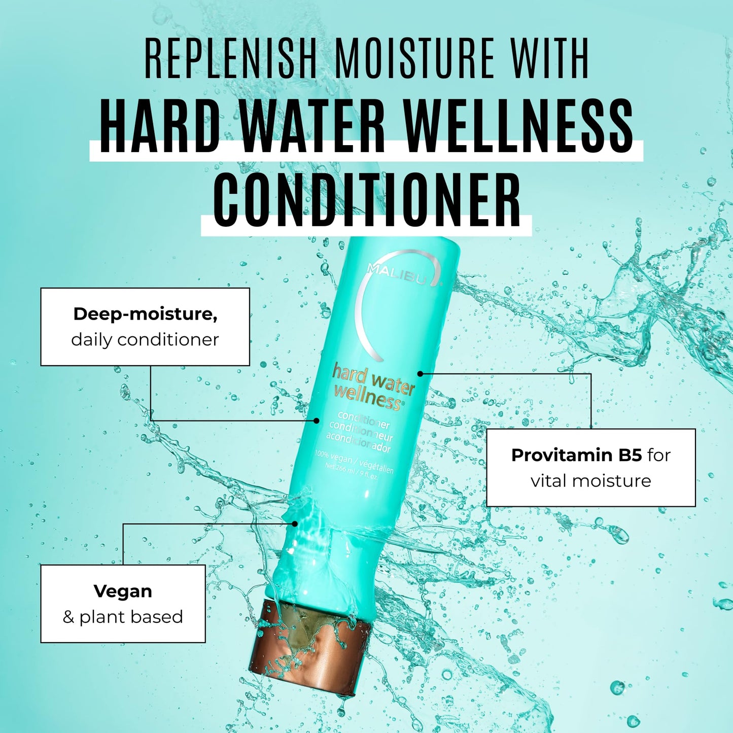 Malibu C Hard Water Wellness Hair Conditioner - Sulfate Free Conditioner that Increases Moisture & Shine - Protects Hair from Waterborne Elements (9 oz)