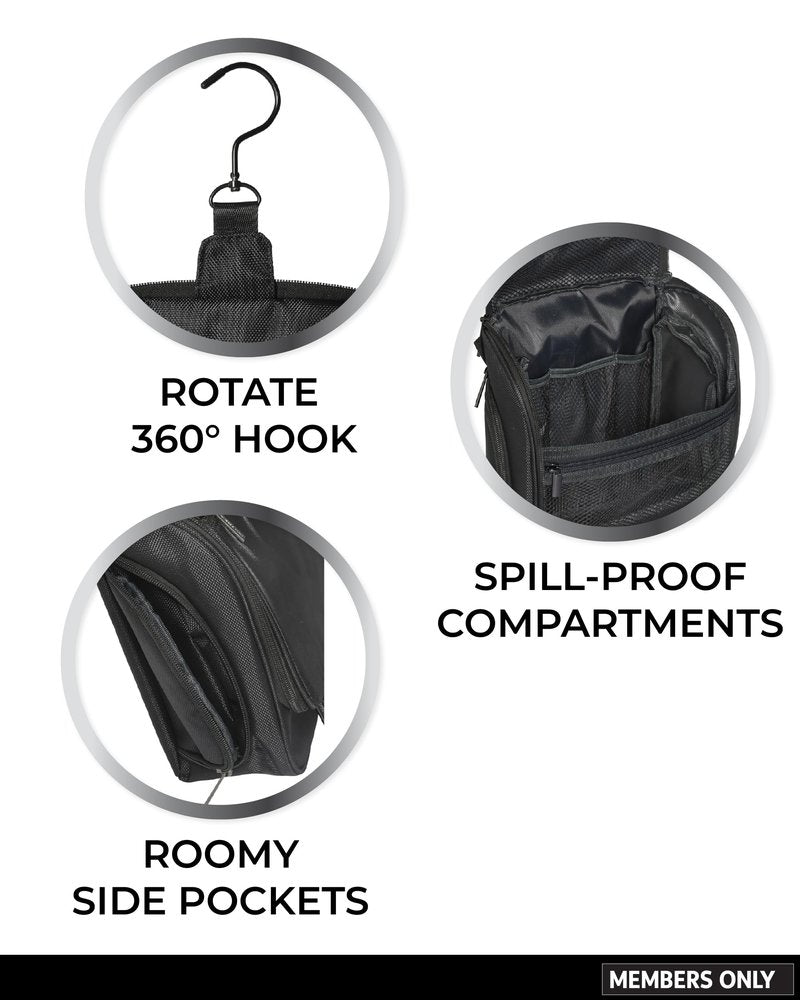 Members Only Hanging Toiletry Bag with Rotating Hook, Black Toiletry Organizer, Bathroom Bag