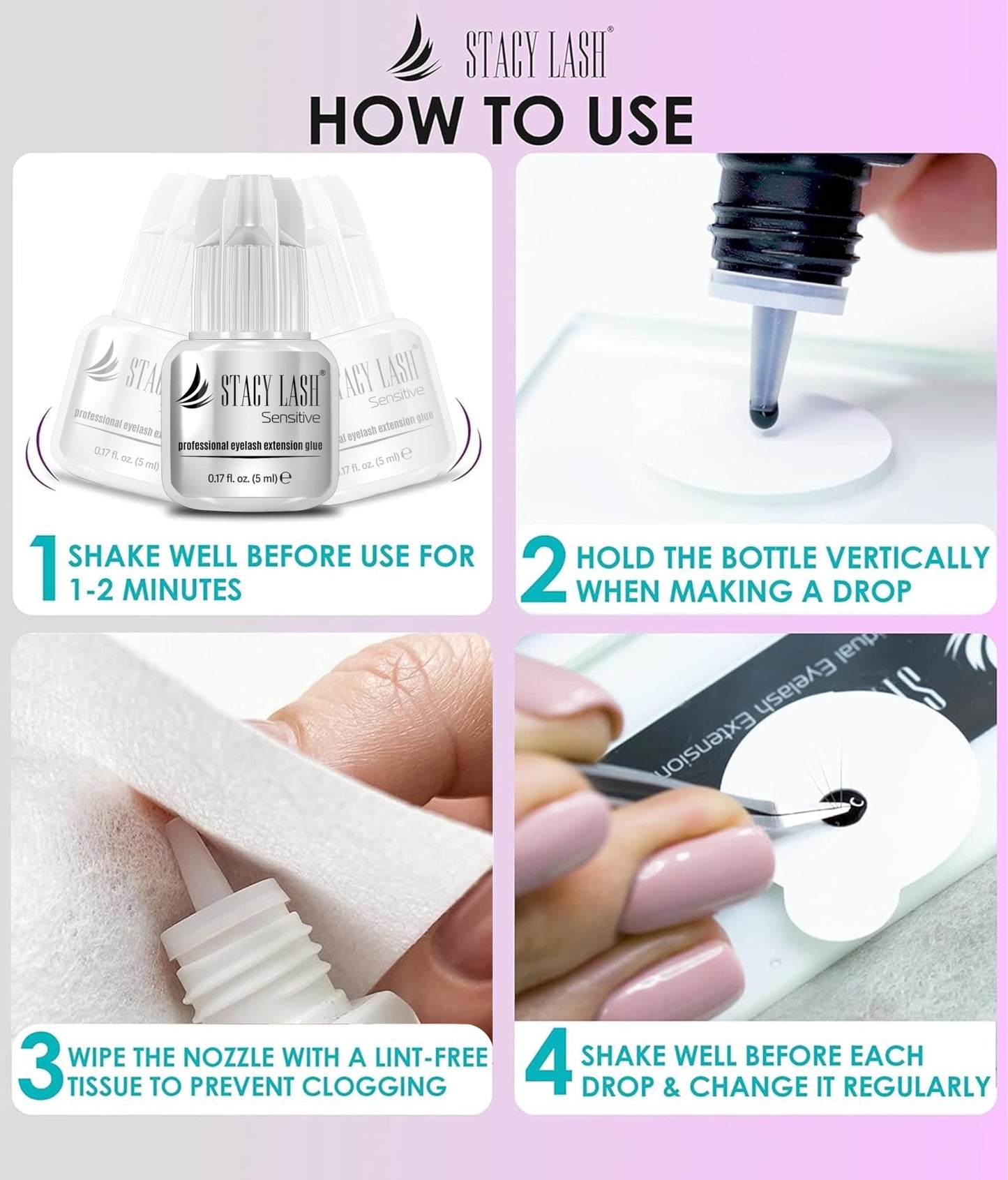 STACY LASH Sensitive Eyelash Extension Glue 0.17fl.oz/5ml / 5-6 Sec Drying time/Retention – 4-5 Weeks/Black Adhesive/Lash Tech Supplies