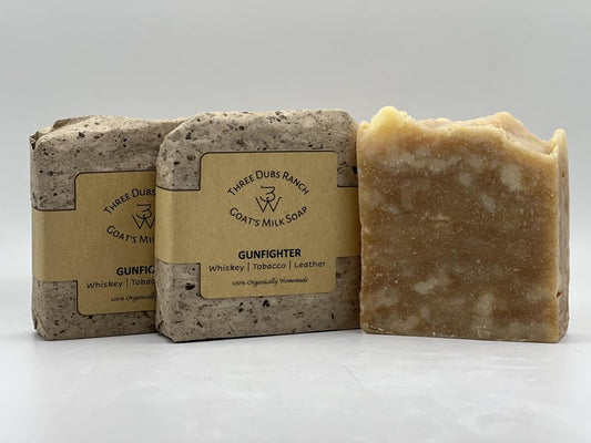 Three Dubs Ranch Gunfighter: Handmade All-Natural, Goat Milk Soap Bars made with Tallow, For Hands & Body. Leather, Tobacco, Whiskey scented Soap Bars. Made in Texas. (3.5 oz Bar 3 Pack)