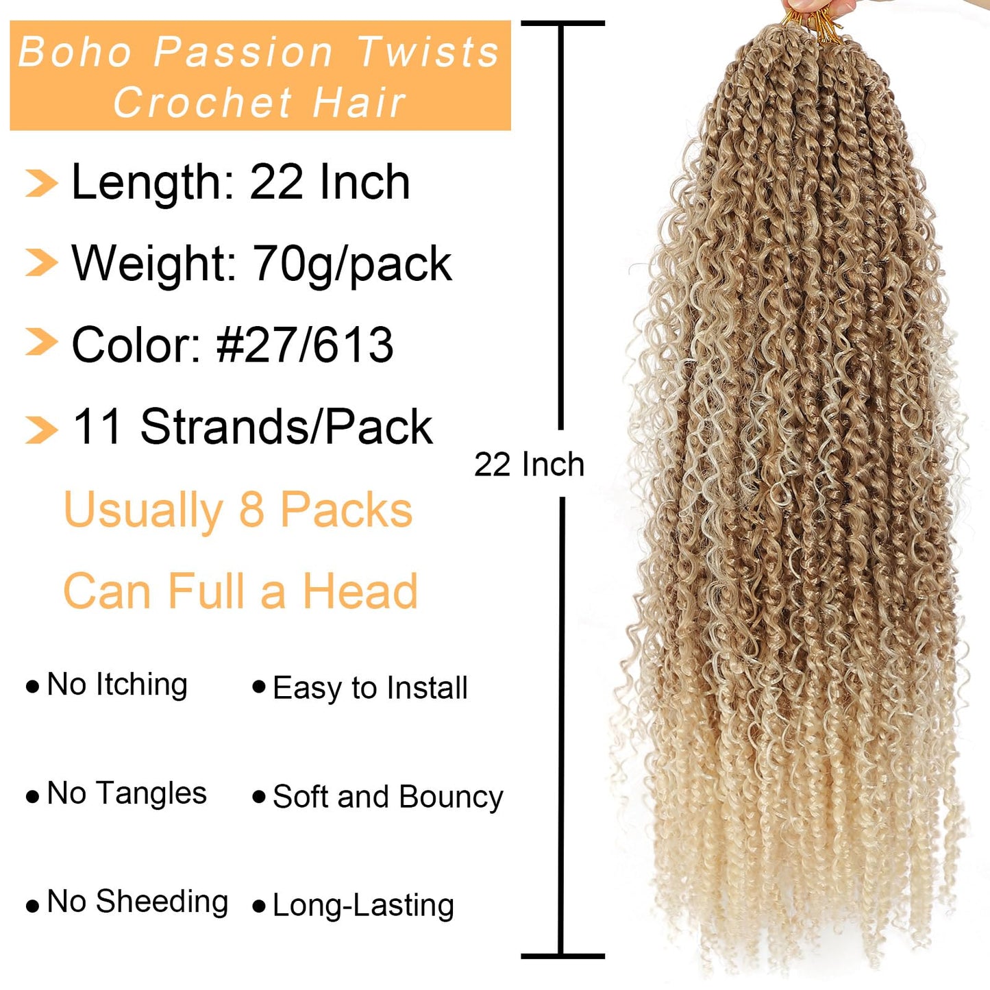 Boho Style Passion Twist Hair 22inch Long Pre-Twisted Crochet Goddess Passion Twist Hair 8Pack Pre Looped Curly Crochet Hair Bohemian Ombre Brown Blonde New Passion Twist Crochet Hair for WomenT27/613