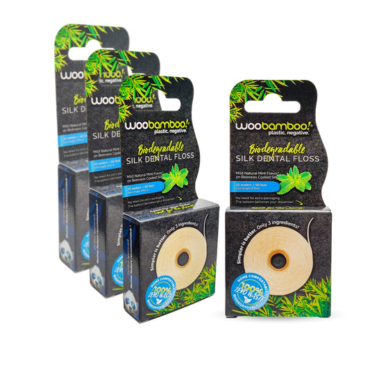 WooBamboo! All Natural Silk Dental Floss, Zero Waste, 66 feet of Mint-Flavored Floss (Pack of 4)