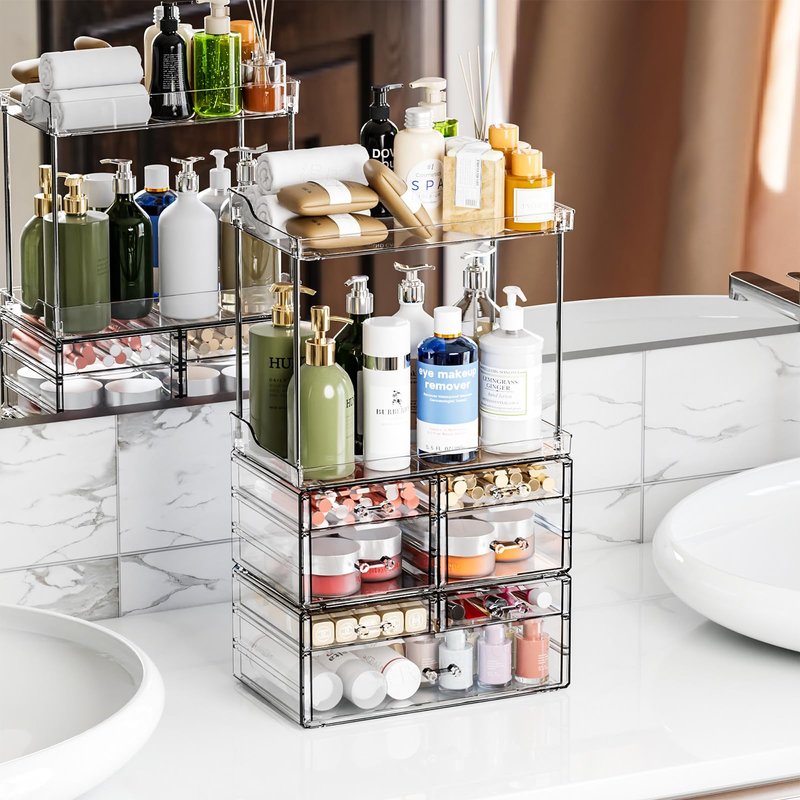 3 Pack Bathroom Organizers and Storage Countertop With 7 Drawers,Stackable Vanity Drawer Organizer for Makeup,18.9" Tall Large Capacity Skincare Organizer and Exquisite Makeup Organizer,Black
