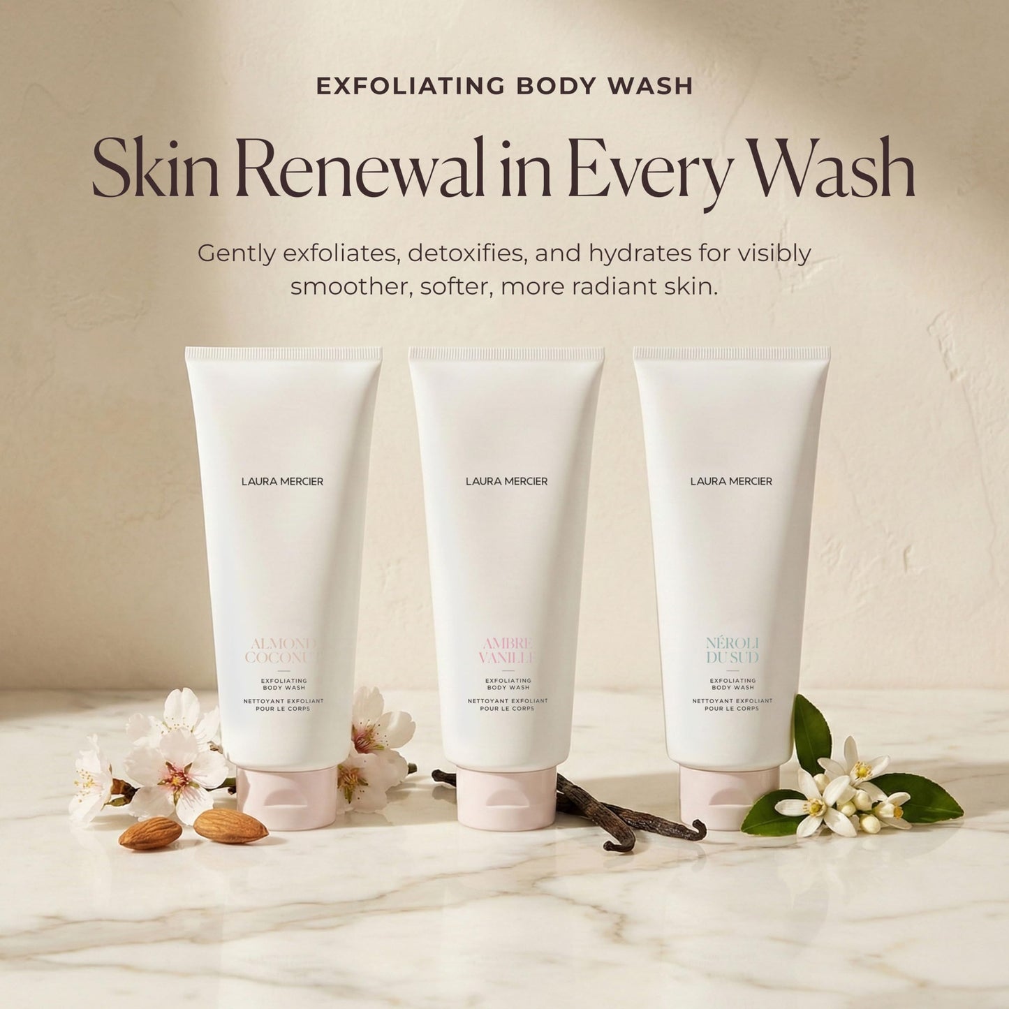 Laura Mercier Exfoliating Body Wash, Strawberry Seed and Sugar Scrub-Infused Exfoliator, Removes Impurities, Helps to Improve Uneven Skin Tone, Elasticity and Circulation, Ambre Vanille