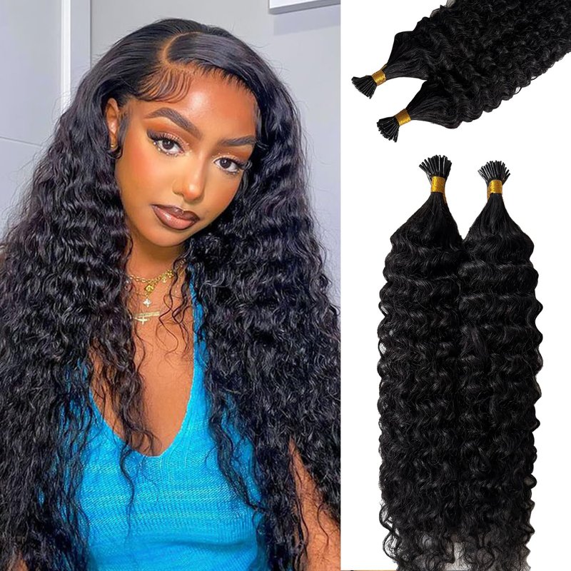Water Wave I-Tip Hair Extensions - Human Hair Microlinks for Natural Blends | 50g, 20 Inch, Black