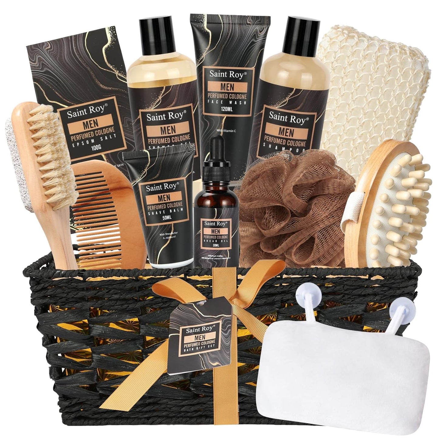 Men's Bath Perfume Gift Set - 14 Pcs Spa Basket with Classic Perfume, Shaving Kit, Beard Oil & Face Care Essentials