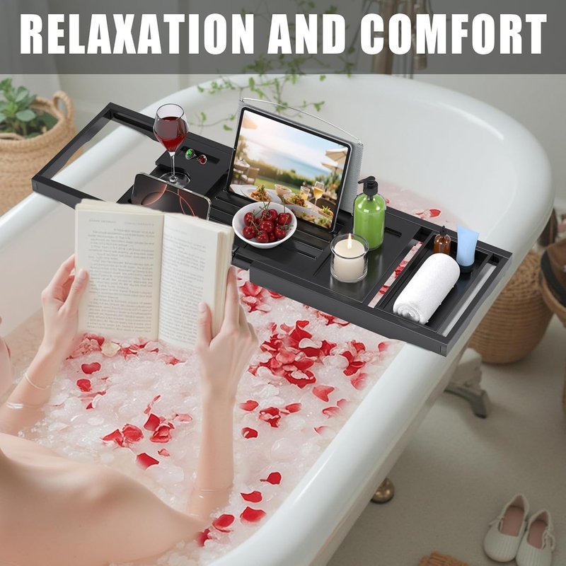 Foldable Bathtub Caddy Tray - Bamboo Expandable Bath Table for Relaxing Soaks | Black