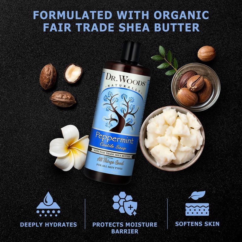 Dr. Woods Peppermint Liquid Castile Soap- Castile Soap with Pure Peppermint Oil, Body Wash for Men and Women, Organic Shea Butter, Natural Cleaner for Face, Hands, and Body - 32 Fl Oz, Pack of 2