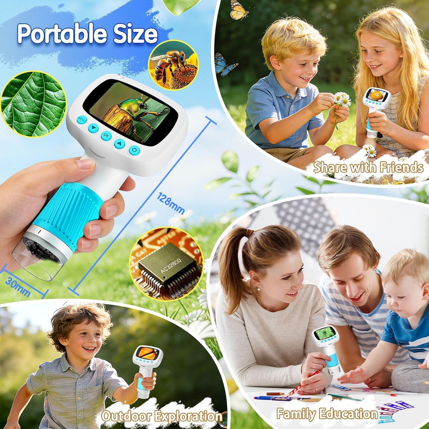 Digital Microscope for Kids - Handheld STEM Science Toy | Video Camera, Light Blue