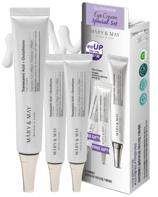 Mary&May Tranexamic Acid + Glutathione Eye Cream Set (1,000ppm each) – Brightening Under Eye Cream for Dark Circles & Uneven Tone, Vitamin C, Niacinamide – 1.06 oz + 0.8 oz