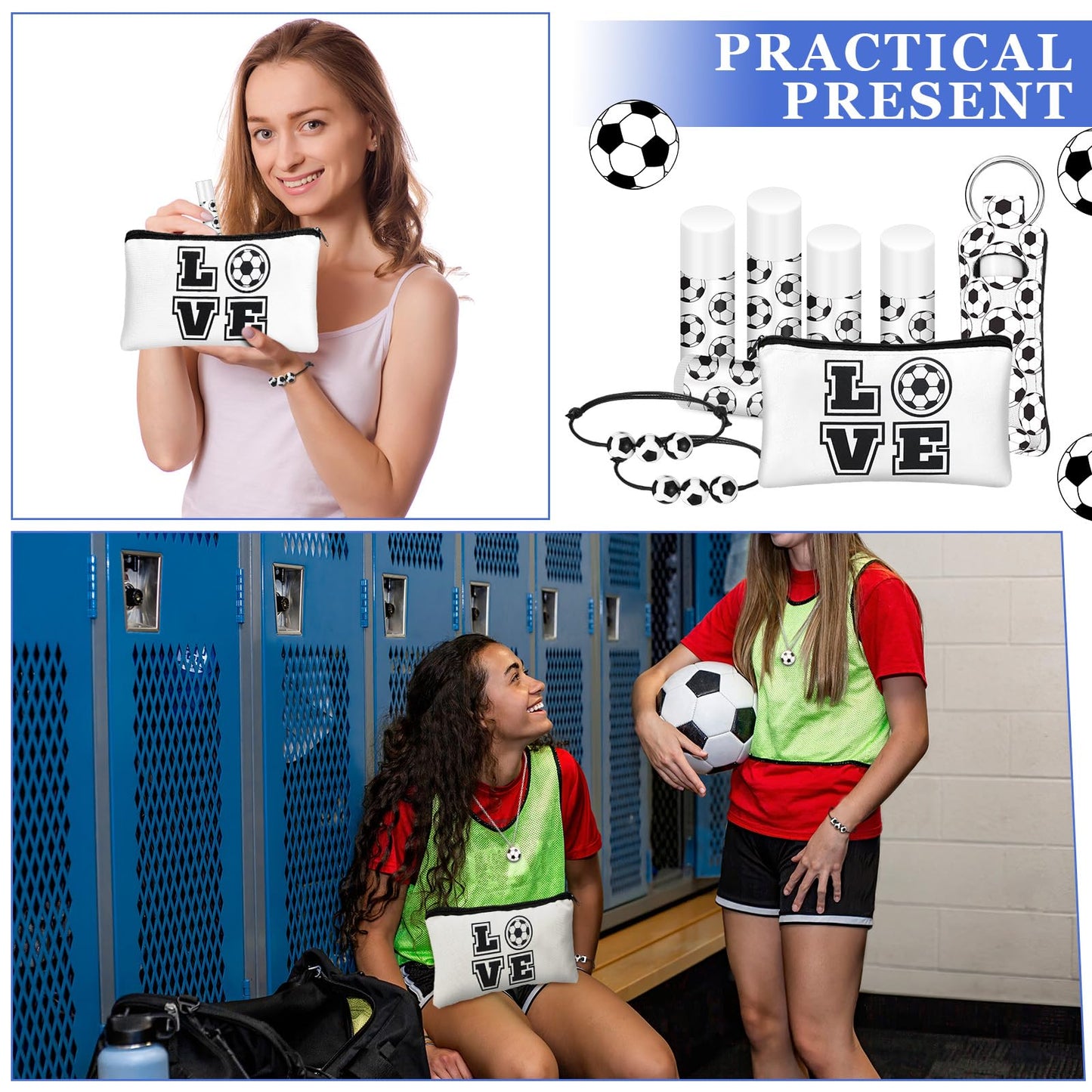 Yeyeplum 72 Pcs Soccer Team Gifts Party Favors Include 12 Makeup Bags 12 Lip Balm 12 Lip Balm Holder 12 Necklace 12 Adjustable Bracelet 12 Mirrors for Soccer Lovers Players Party Supplies