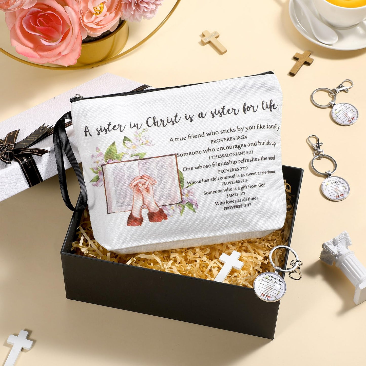 Dansydaisy 32 Pcs 8/16 Set Sister in Christ Gifts Secret Sister Gifts Makeup Bag Bible Verse Keychains for Friends Birthday Gift