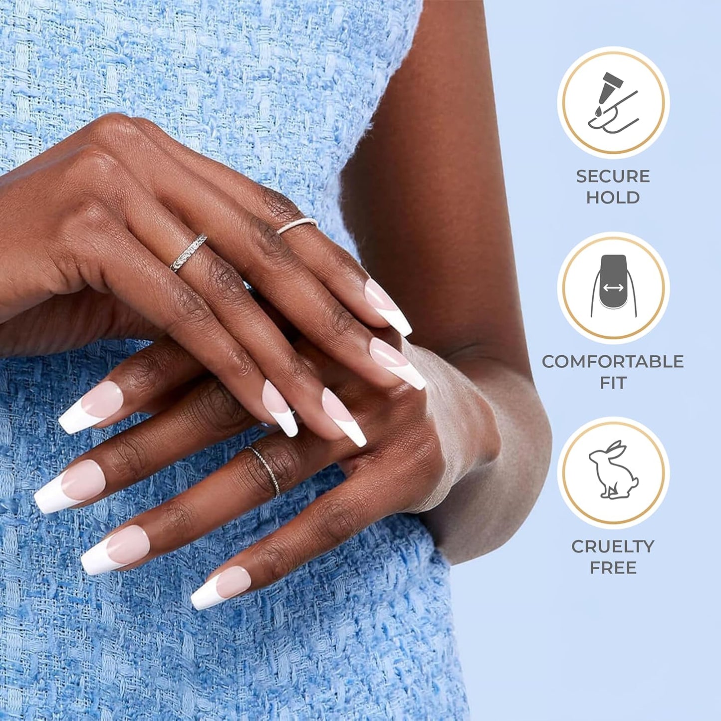 KISS Salon Acrylic French Nail Manicure Set, Medium Length, Square, “Je T'aime”, Nail Kit Includes Pink Gel Nail Glue (Net Wt. 2 g / 0.07oz.), Mini File, Manicure Stick, and 28 Fake Nails