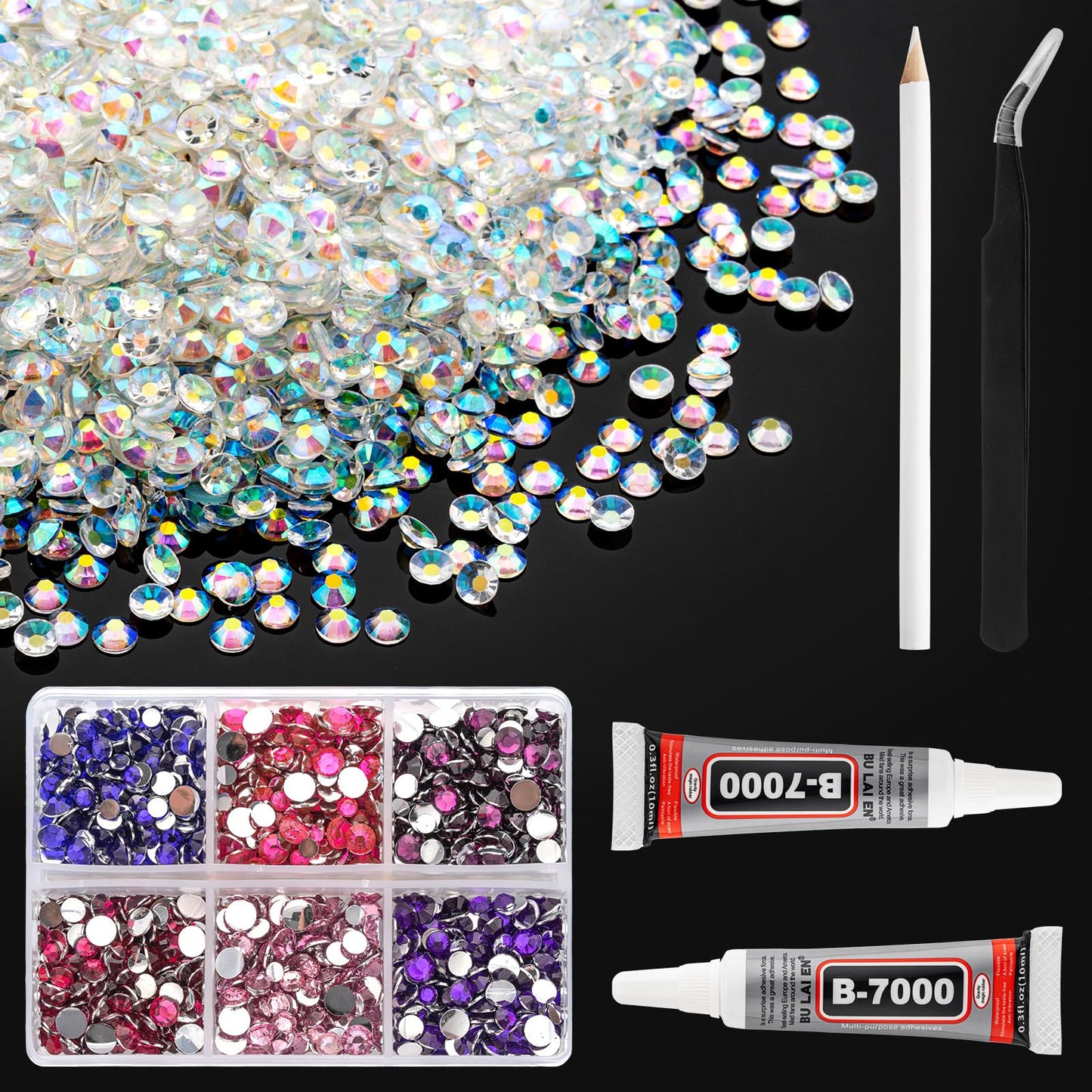 Transparents AB Rhinestones Bulk Flat Back Round 4mm，7000PCS Non-Hotfix Rhinestones for Crafts with Glue, Tweezers and Picker Pen for Makeup Nails Face Tumblers Clothes Shoes Handmade Decoration