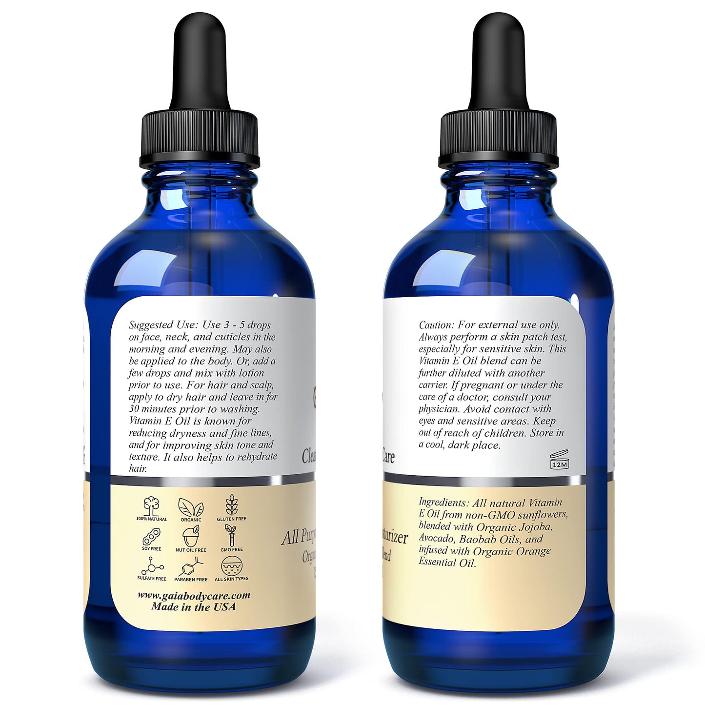 Gaia Body Care Organic Vitamin E Oil 75,000 IU Body Oil for Dry Skin, Scars, Hair and Scalp Moisturizer, Bath Oil - 4 ounces