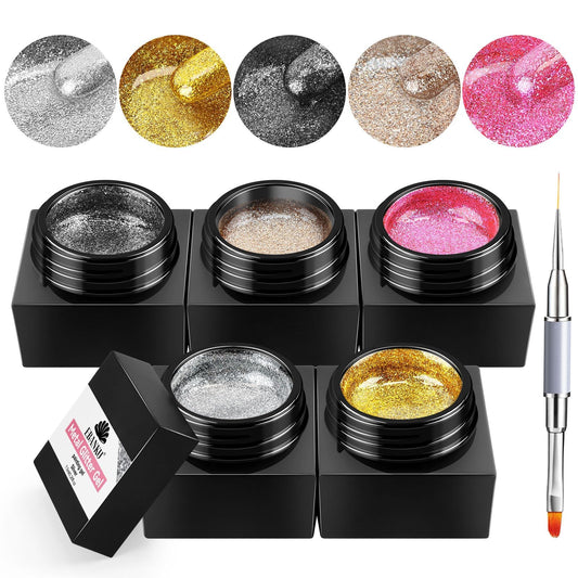 EBANKU Gold Glitter Gel Polish with Nail Brush, 5 Colors Silver Metal Shimmer Gel Liner for Nail Art, Holographic Sparkle Soak Off UV Lamp Cured Gels for Art Manicure Salon DIY at Home