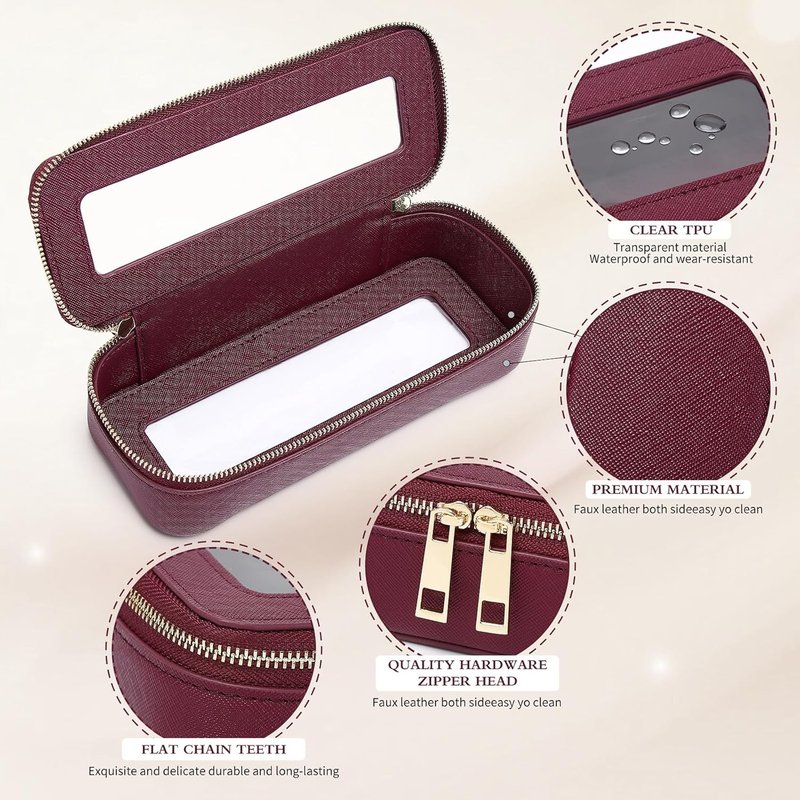 Clear Makeup Brush Bag - Slim Transparent Travel Cosmetic Case | Zippered Toiletry Organizer for Women (Burgundy)