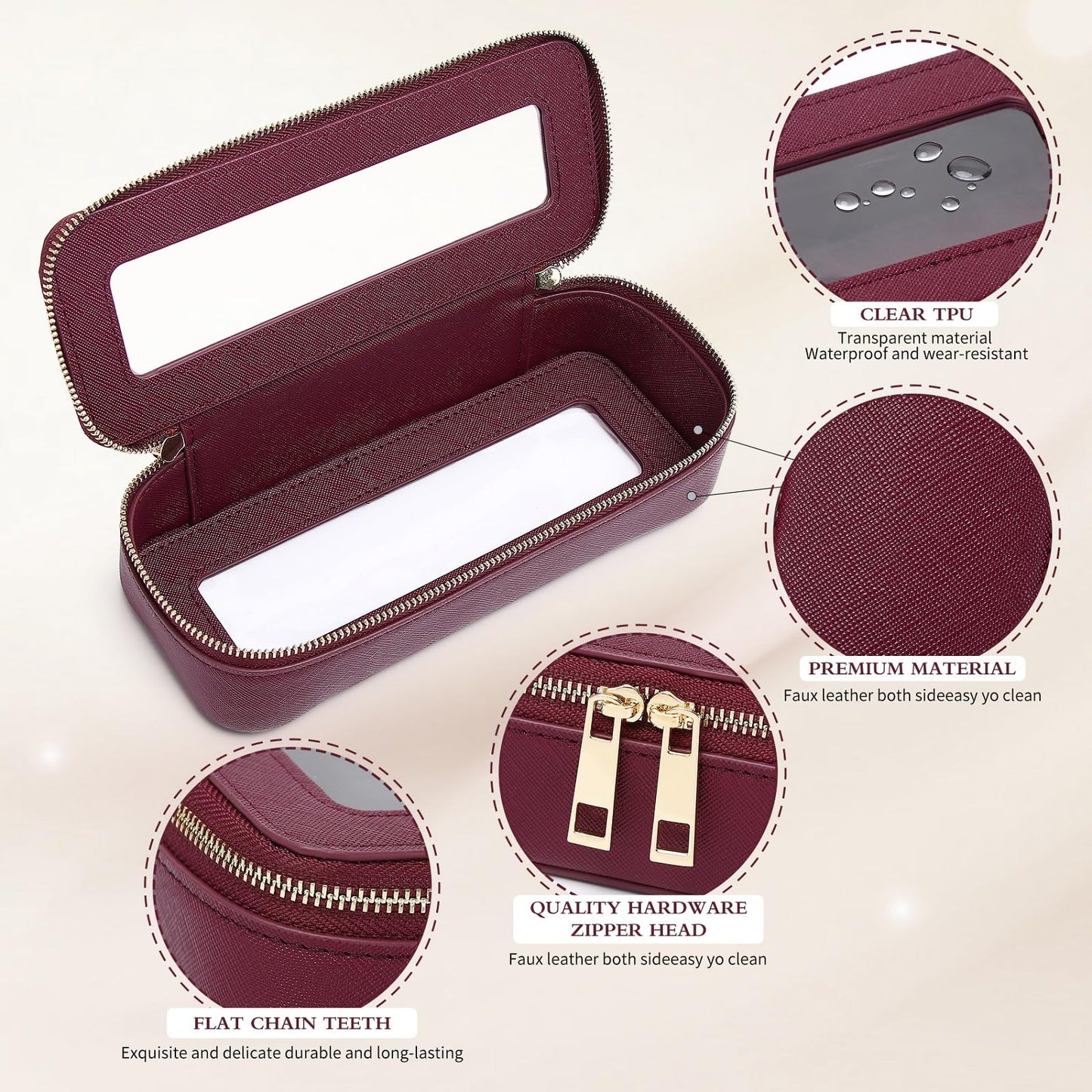 Pinkmik Travel Clear Makeup Bag with Brush Case TSA Approved Toiletry Bag Waterproof Cosmetic Organizer with Zipper Car Essential for Women (X/Burgundy, M+SLIM)