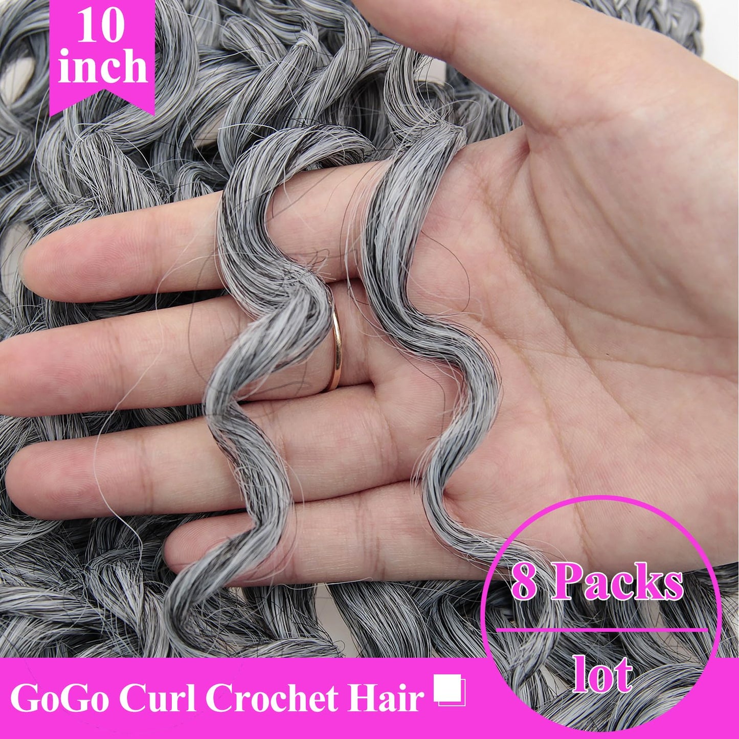 XSASLYET GoGo Curl Crochet Hair for Black Women, 10 Inch 8 Packs Pre Looped Synthetic Water Wave Braids, Deep Wave Curly Crochet Hair Extensions (1B/Grey)