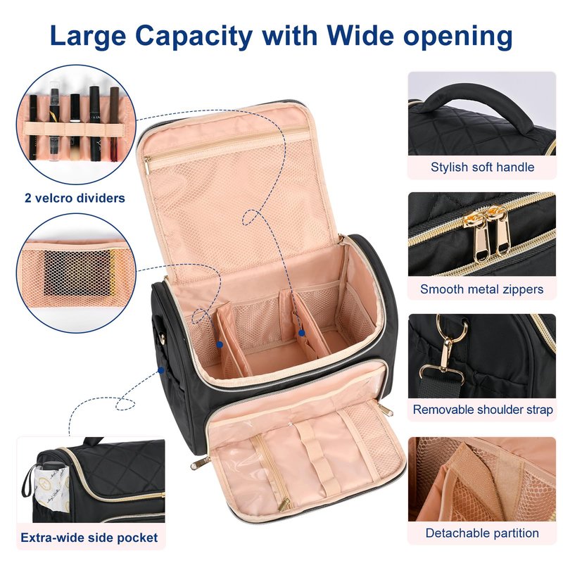 GR69N Travel Makeup Bag Large Capacity Cosmetic Organizer Bag for Women,Flat-Opening Make Up Case Travel Bag Waterproof Toiletry Bag for traveling,Toiletries,Essentials,Accessories,Black