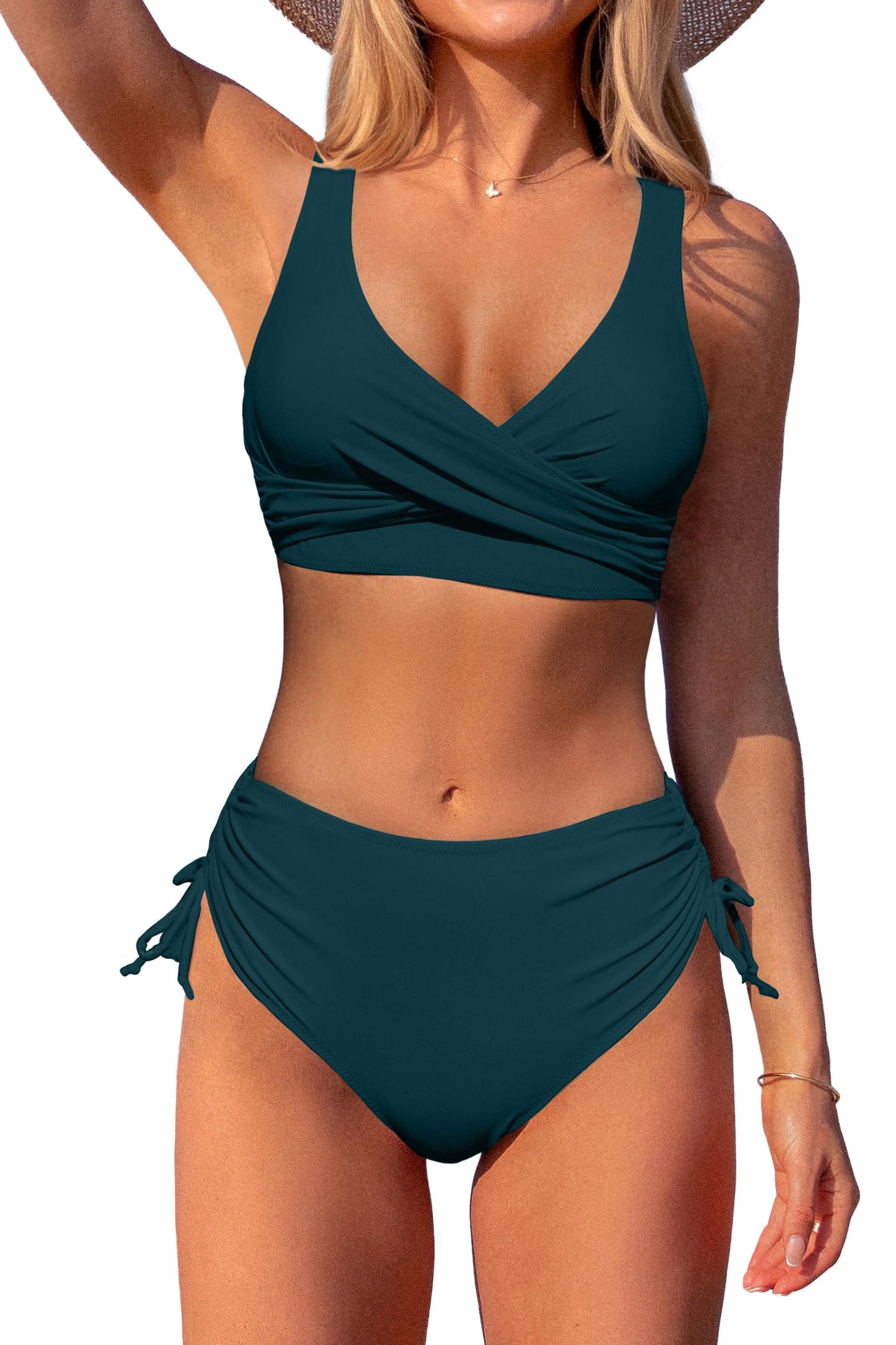 Beachsissi Women's High Waist Bikini Twist Front Tie Back 2 Piece Swimsuits, Teal, M