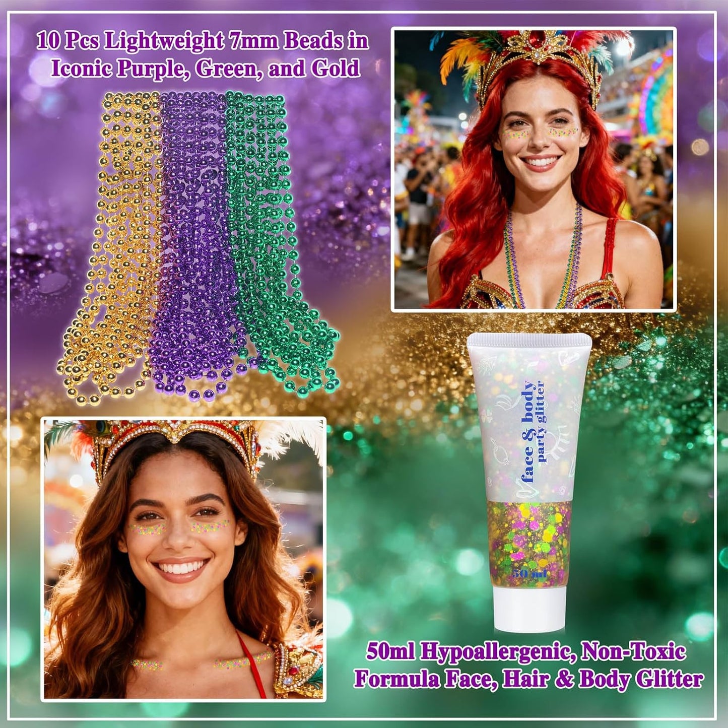 Face & Hair Glitter Makeup Set - Purple, Green & Gold for Mardi Gras | 10 PCS 7mm Bead Necklaces