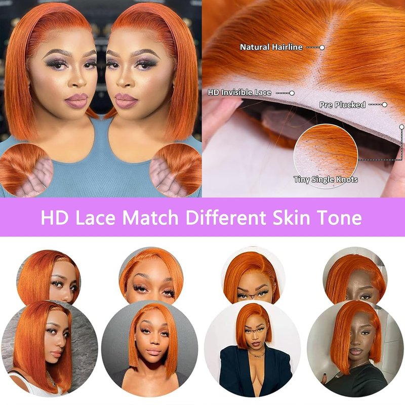 Ginger Orange Lace Front Wig - Human Hair 13x4 Pre-Plucked Bob | 150 Density, Glueless Style for Black Women