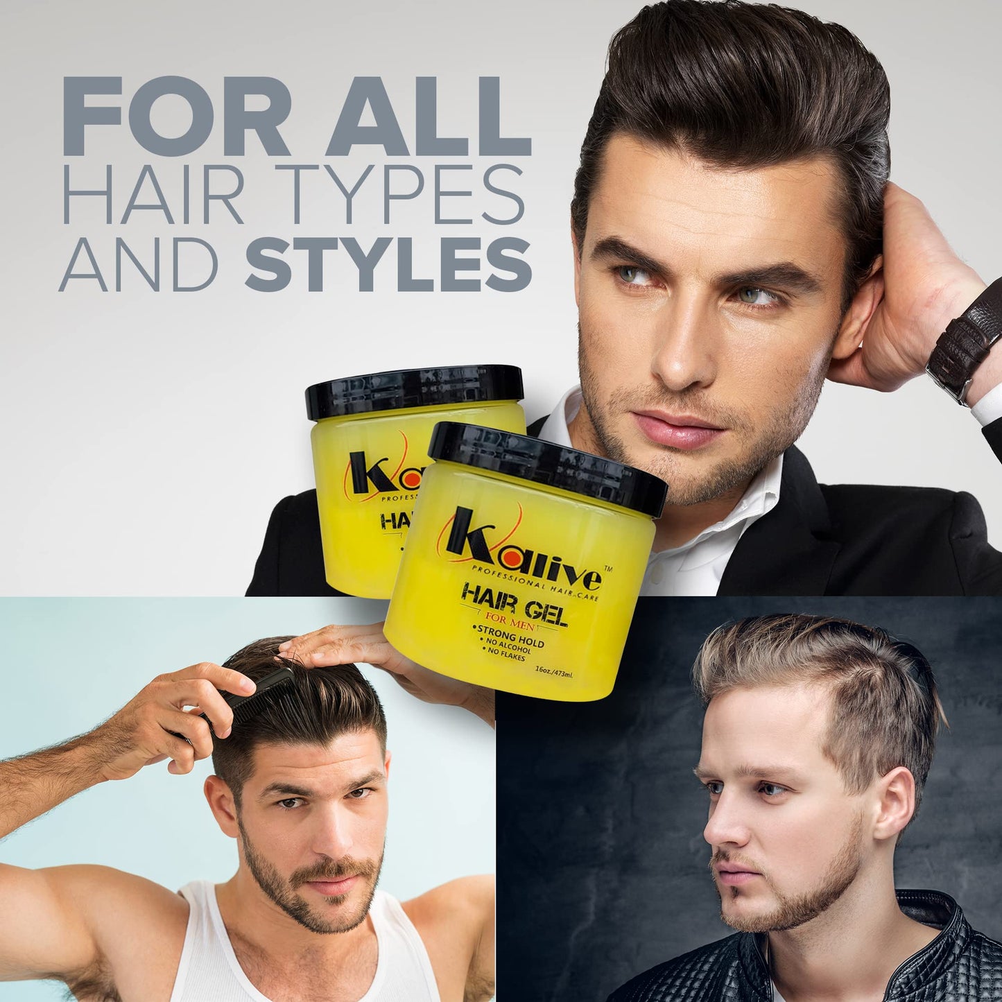 KALIVE Men's Hair Styling Gel 16 oz, (2-pack), Strong-Hold and Light Shine all day, Mens Hair Product fresh scent No Flaking or Alcohol
