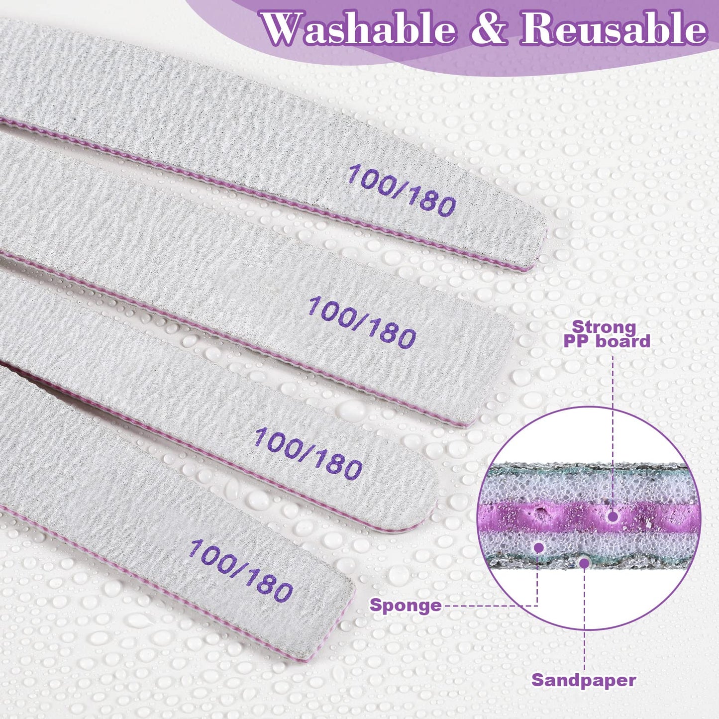 200 Pcs 4 Styles Nail Files Bulk 100/180 Grit Double Sides Professional Reusable Emery Board Nail Files for Acrylic Manicure Tools Suit for Home Salon