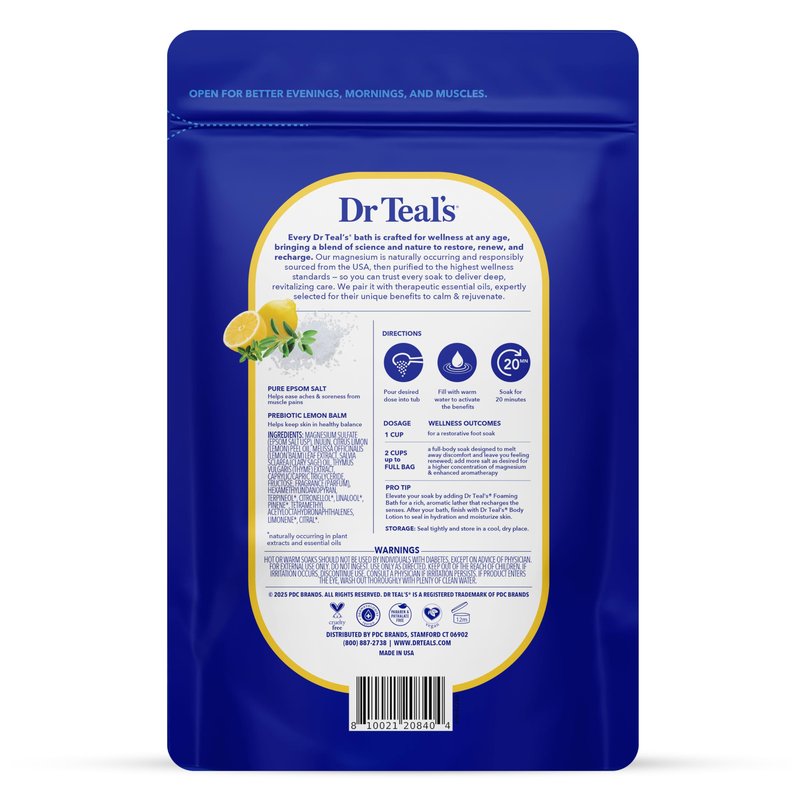 Dr Teal's Pure Epsom Magnesium Salt Soak, Prebiotic Lemon Balm & Essential Oil, 3 lbs (Pack of 4)