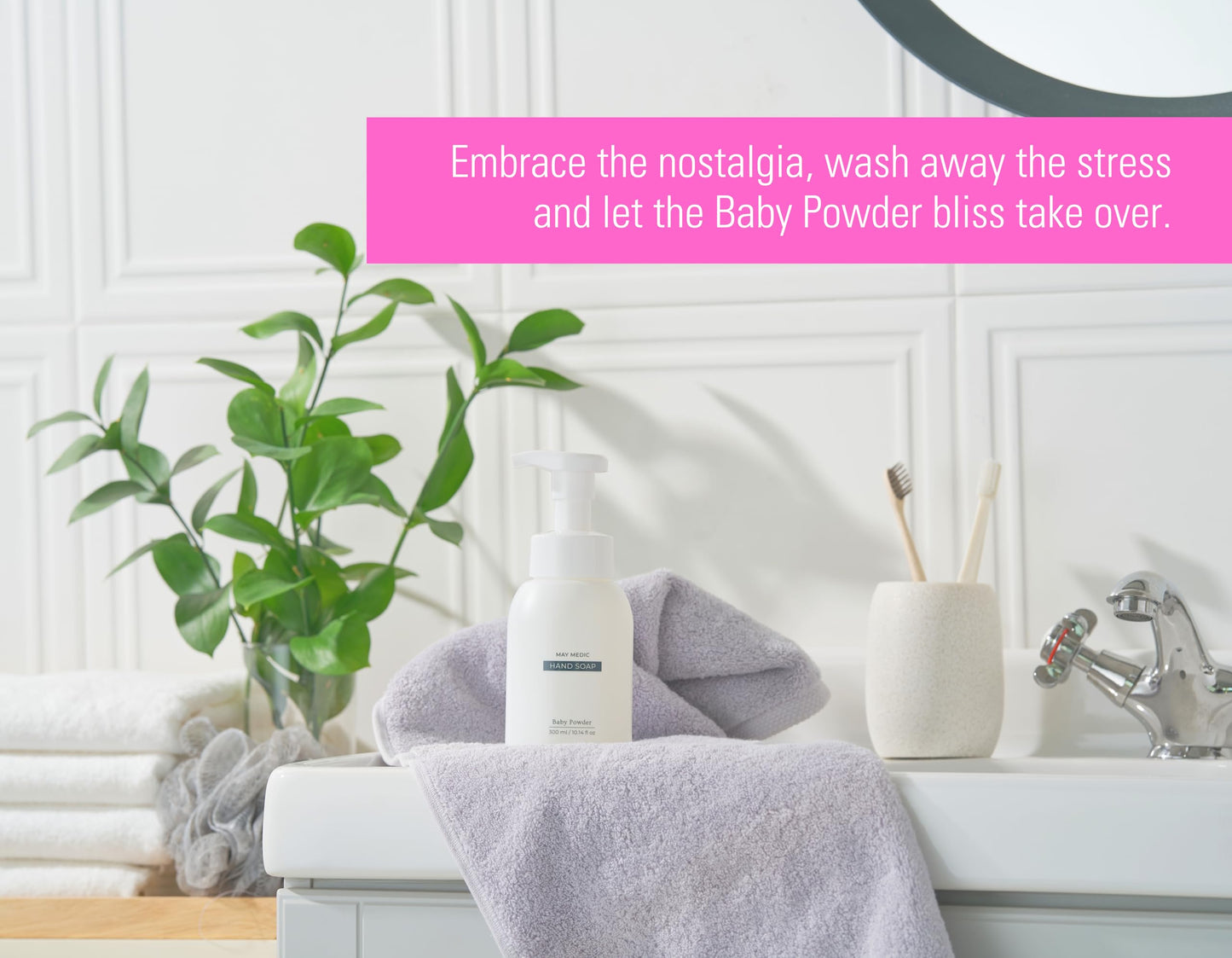 MAY MEDIC Baby Powder Double Scented Foaming Hand Soap, Moisturizing Foam with Fig and Pomegranate Extract, Vegan Wash for Bathroom and Kitchen, 10.14 fl oz (BabyPowder-2)