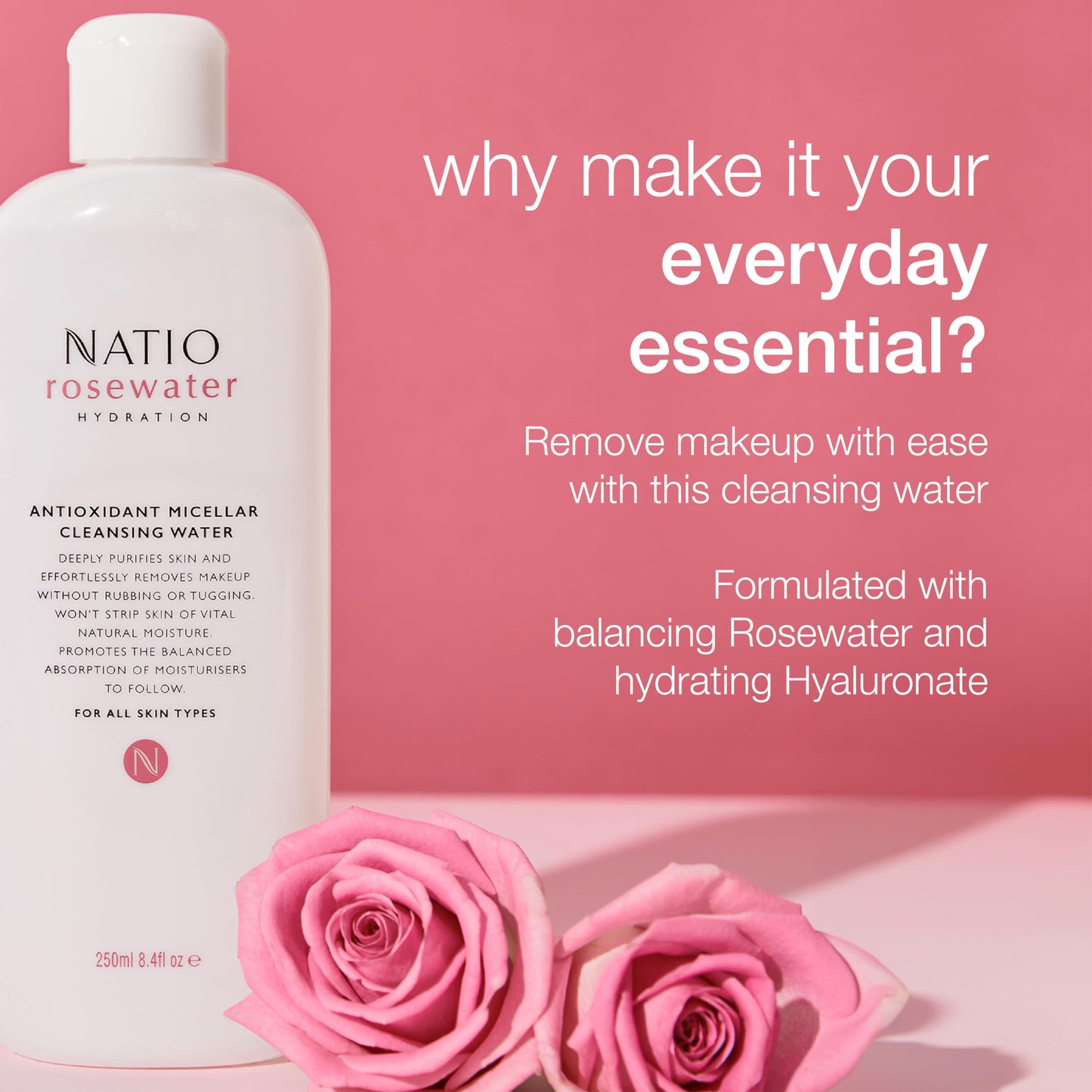 Natio Australia Rosewater Hydration Antioxidant Micellar Cleansing Water, 8.4 oz - Makeup Remover Face Cleanser - Facial Cleanser for All Skin Types