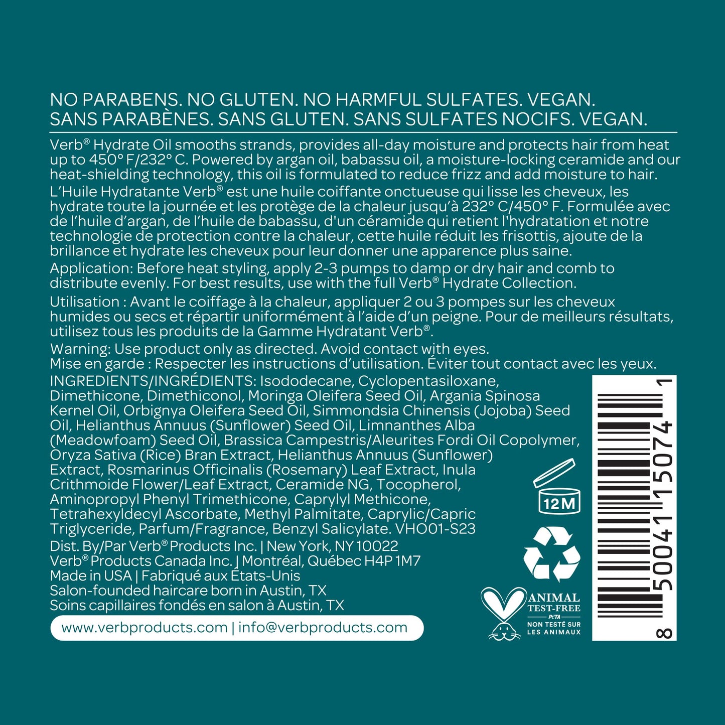 VERB Hydrate Oil Deluxe Sample - Add Moisture -Increases Shine - Smooth Frizz - Heat Protection for Dry + Frizzy Hair - Amber + Warm Jasmine Scent