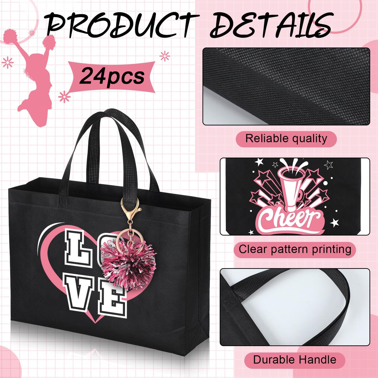 Landical 72 Pcs Pink Cheerleading Gifts 24 Cheer Bags Portable 24 Pom Pom Keychain 24 Cheerleading Bracelet Canvas Makeup Bag Bulk Cheer Gifts Female Teammates Toiletries Accessories
